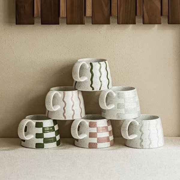 Ly cốc sứ hoạ tiết sọc caro