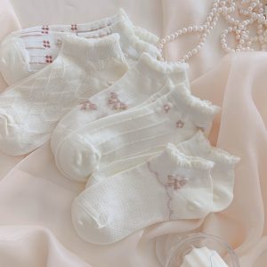 Tất vớ nữ dệt kim Trắng nơ túi vân nổi