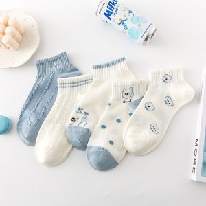 Tất vớ nữ dệt kim Xanh trắng in cún