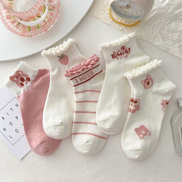 Tất vớ nữ Hoạ tiết Gấu hồng cổ bèo