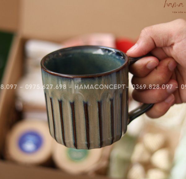 Ly Cốc sứ xanh sọc cao cấp tráng men